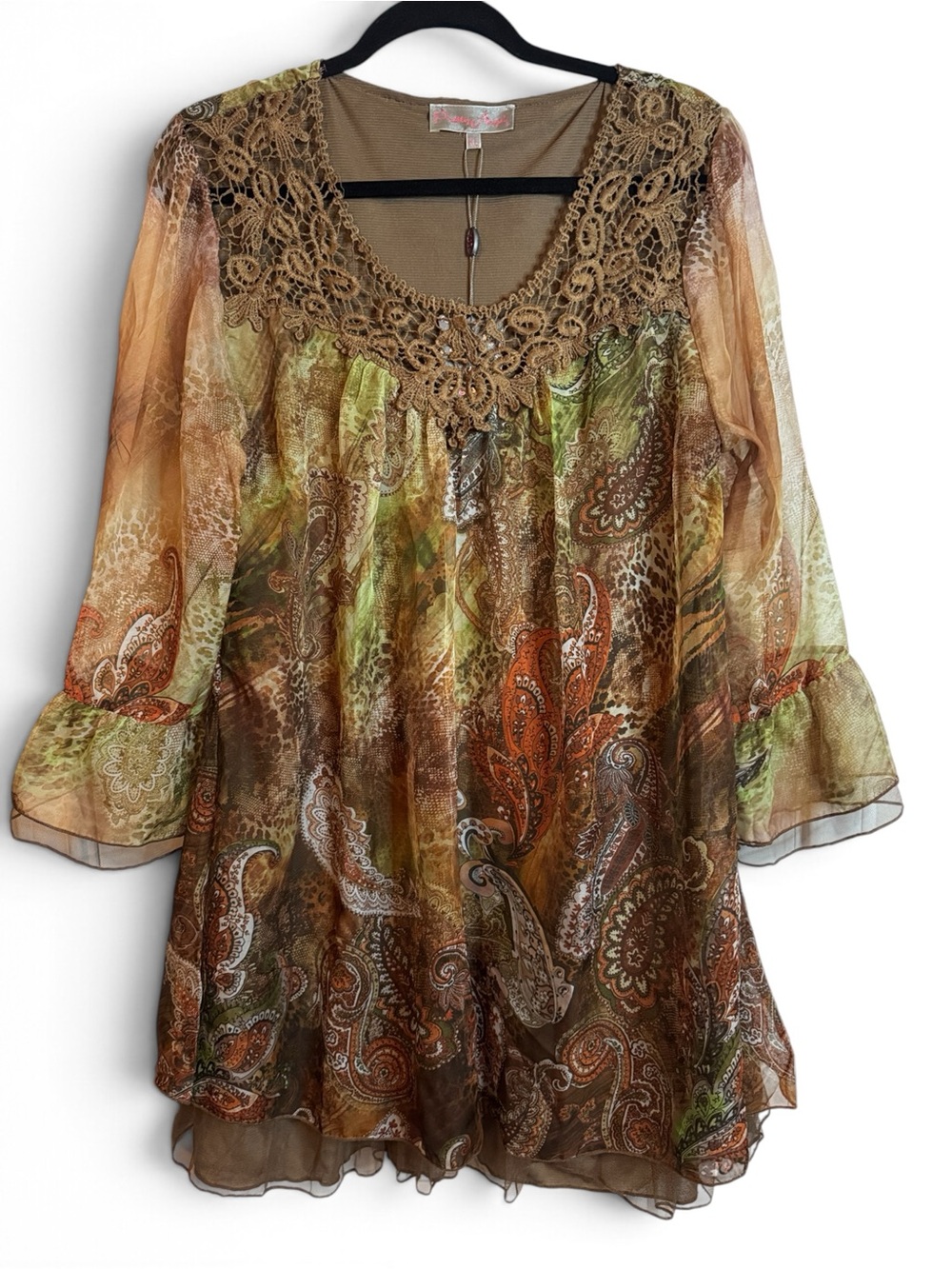 Pretty Angel Tunic Top Womens L Brown Green Paisley Silk Lace Bell Sleeve Boho